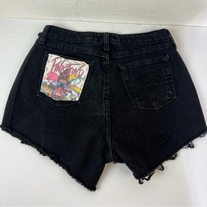 Upcycled Riders Black Denim Pink Floyd Shorts, 10
